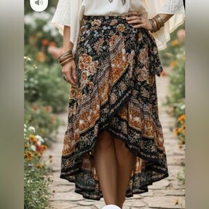 BellanBlue Asymmetrical Floral Skirt - Black and Brown